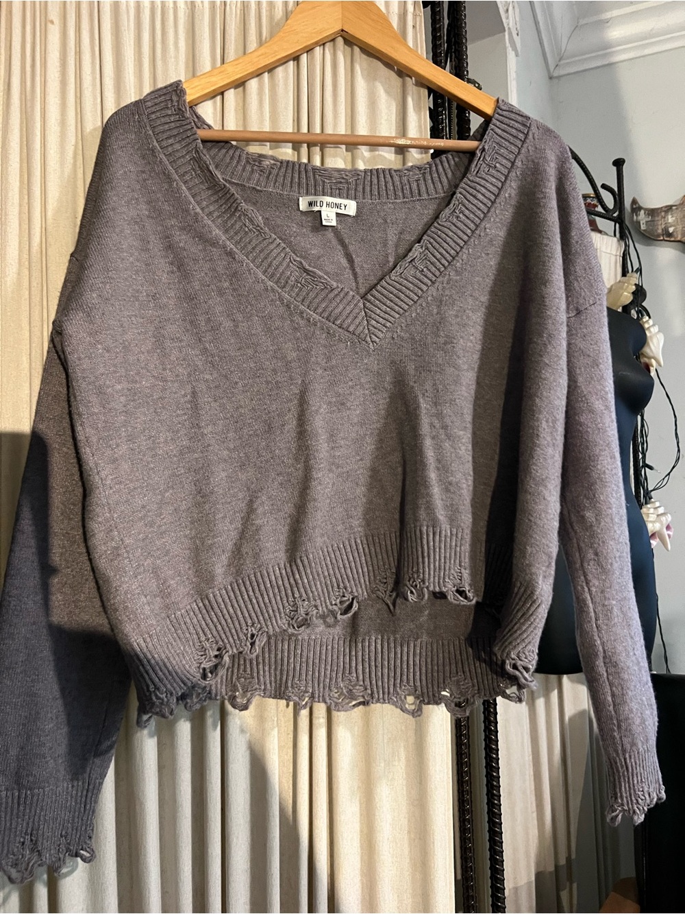 Wild Honey Women's Distressed V-Neck Sweater - Gray Size L